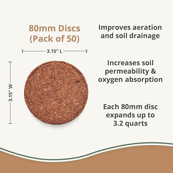 Coco Coir Discs (80mm 50-Pack) - Organic Coconut Coir Seed Starting Discs - Coconut Fiber Seedling Soil for House Plants, Potting Soil, & Indoor Plants - Organic Coco Coir for Plants & Potting Mix