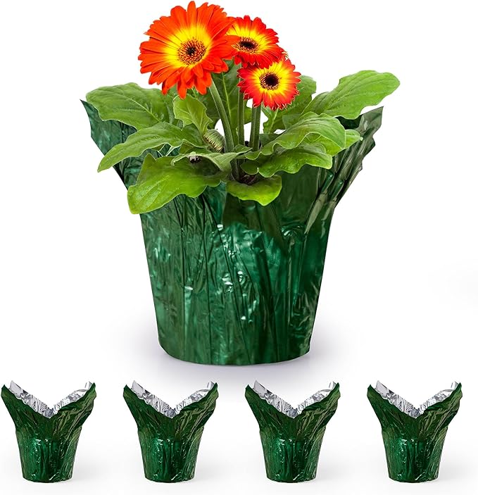 6” AZA Plant Pot Covers, Decorative Plant Sleeve for Indoor & Outdoor House Plants, Reusable and Gift-Ready Foil Wrap for Flower Pots, Evergreen, Pack of 5
