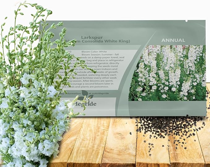 Outsidepride Delphinium White Larkspur Seeds for Planting Outdoors - 1000 Pcs Annual, Self-Seeding, Heat & Drought Tolerant Wildflower Seed, Colorful Blooms for Flower Arrangement & Pollinator Garden
