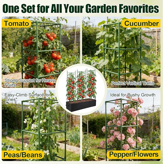3-Pack Tomato Cages with 86 Gallon Raised Garden Bed - 41" Anti Collapse Heavy Duty Plant Support Trellis for Climbing Vegetables Plants Flowers ,Adjustable Vertical Tomato Trellis for Garden Balcony