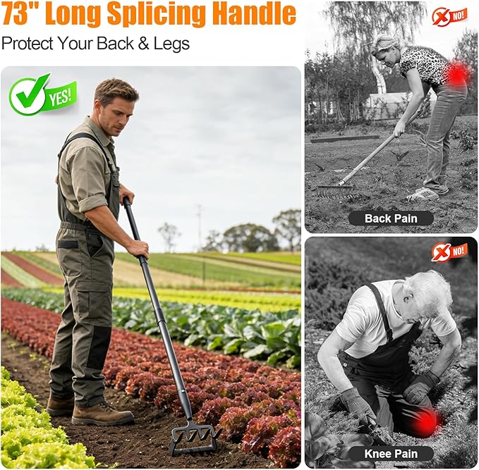 Garden Hoe, 72 Inch Soil Tiller Cultivator Stirrup Hoe, Heavy Duty 2-in-1 Garden Tool with Adjustable Long Handle, Action Scuffle Loop Hoe with Rake for Flower Beds, Garden Loosening Weeding Digging