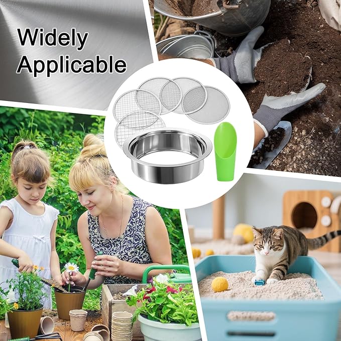 Soil Sieve Stainless Steel Riddle Sieve Set, 9.5" Diameter, Garden Sifter with 5 Filter Mesh Sizes 1,3,5,9,12mm and Bonsai Soil Scoops Gardening Tool