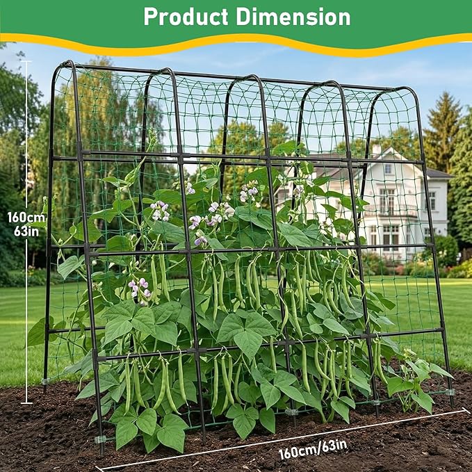 Garden Arch Trellis for Climbing Plants, Plastic-Coated Steel Trellis with Easy-Connect System, Includes Net, Ties & Gloves, Outdoor Plant Support for Vegetables (63" L x 63" H)