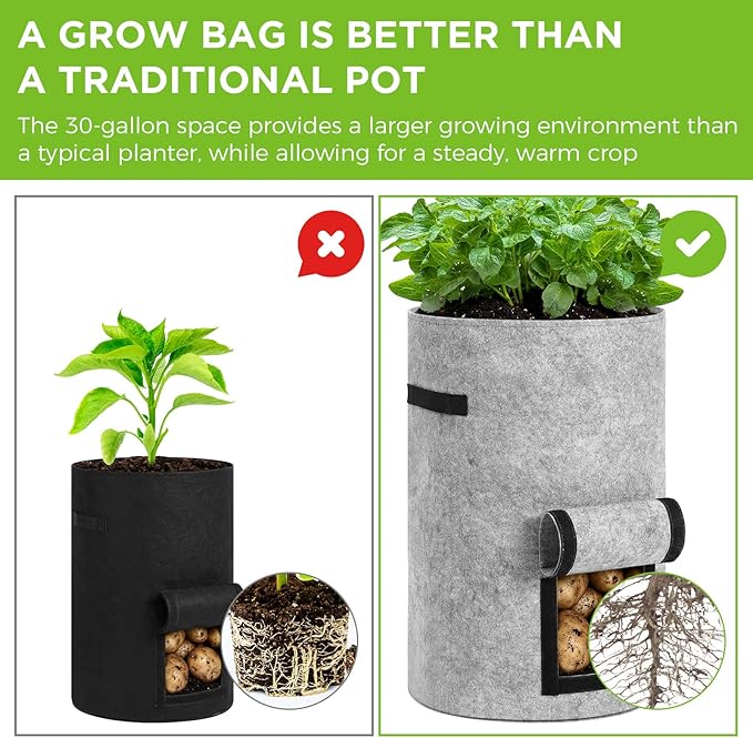 Yoojahow 4 Pack 30 Gallon Potato Grow Bags with Harvest Window, Durable Garden Planter Bags with Handles for Potatoes, Tomatoes, and Vegetables - Indoor & Outdoor Gardening Supplies (Black,Gray)