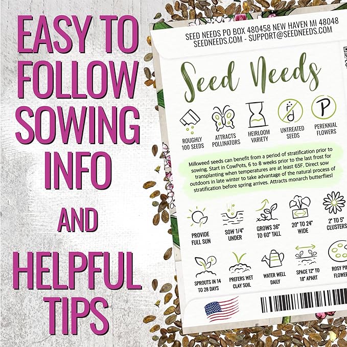 Seed Needs Pink Swamp Milkweed Seeds for Planting - Heirloom & Untreated - Grow a Butterfly Garden to Attract Monarch Butterflies & Pollinators (5 Packs)