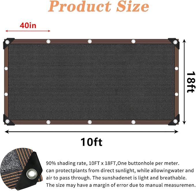 IMSGVIFO 90% Black Shade Cloth, 10x18 FT Mesh Tarp Sun Shade Cloth with Grommets, Sun Protection Sail for Garden Greenhouse Pergola Plants Chicken Coop Patio Outdoor Neting Cover
