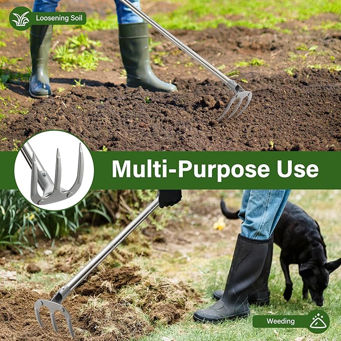 Hand Rake Garden Tool - 57" Long Handle Soil Tiller Cultivator Weeding Rake, 3-Tine Heavy Duty Carbon Steel with D-Grip for Effortless Weeds Digging, Soil Loosening, Planting
