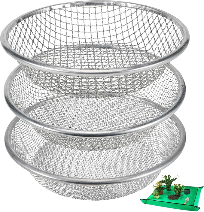 3PACK Soil Sand Compost Sifter for Gardening - Soil Compost Rock Sifter with Repotting Mat Fits 5-Gallon Buckets 1/4 Inch & 1/8 Inch & 3/8 Inch Mesh Sieve for Gravel, Dirt, Sawdust