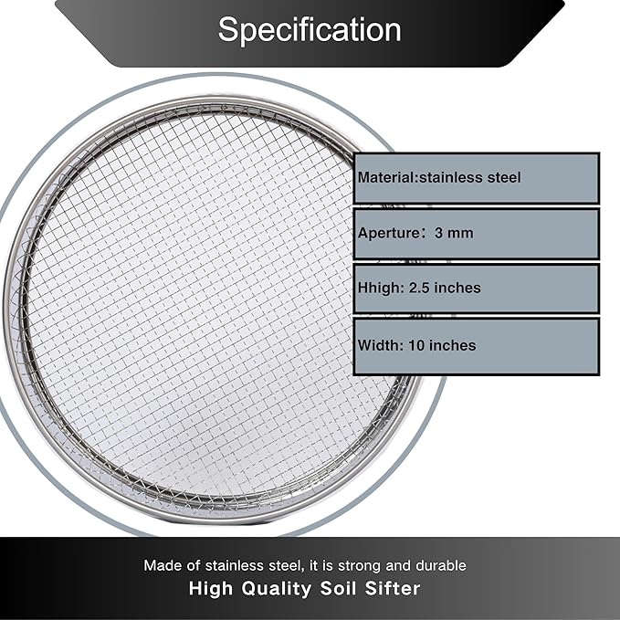 Garden Soil Sifter -10" Sifting Pan-Sieve for Sand Rocks Dirt Compost (1/8”Mesh Screen)