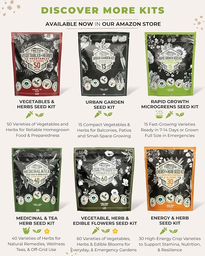 35 Tactiko Edible Flower & Herb Seeds Kit Variety - USA Grown Heirloom Non-GMO Open-Pollinated Seeds for Planting - Indoor Outdoor Gardening - Survival Long-Term Storage - Resealable Mylar Bag