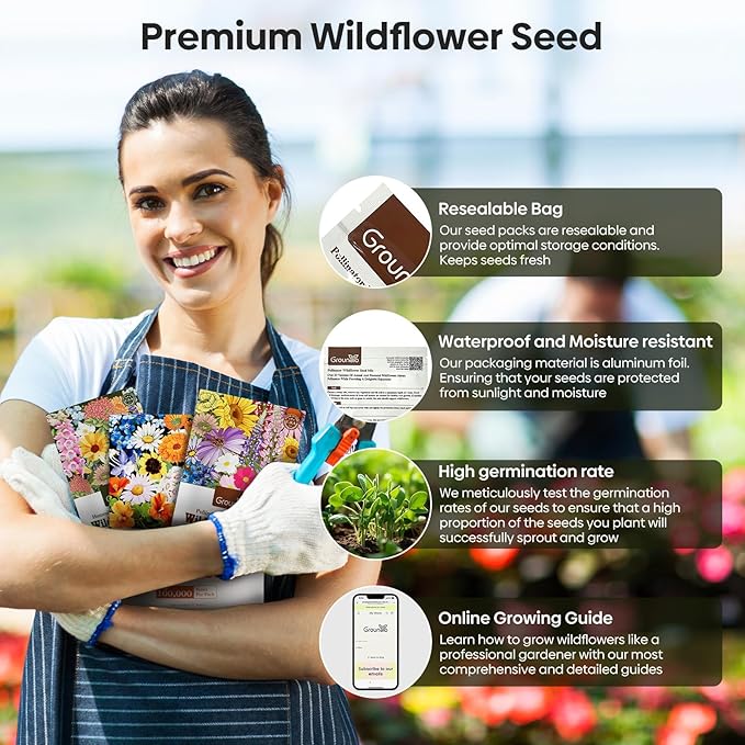 Wildflower Seeds Mix, 2 Oz, 50,000+ Seeds, 28 Varieties, Attracts Bees, Butterflies & Birds, Colorful Flowers
