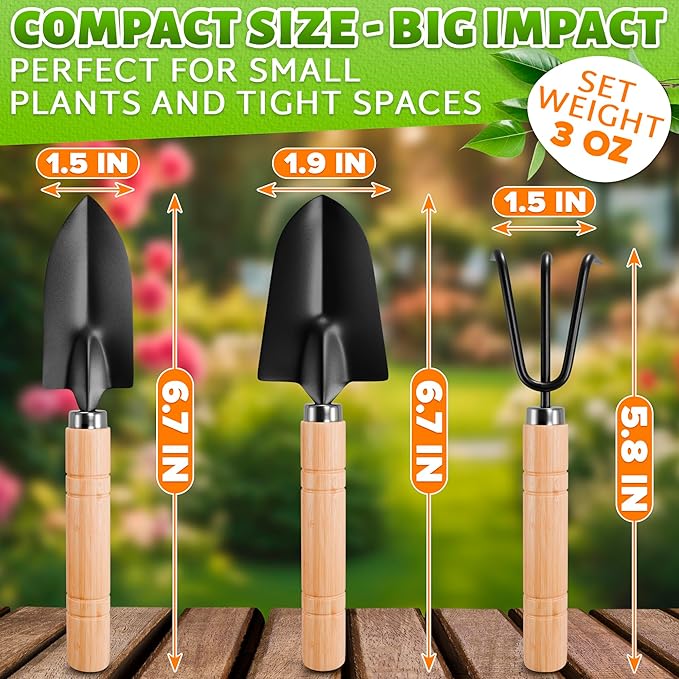 3 Pcs Mini Garden Tools for Gardening – Small Garden Tools Set with Mini Shovel, Small Trowel & Hand Rake, Rustproof Metal Build & Wood Handle – Shovels for Digging, Balcony Pots & Indoor Plant Care