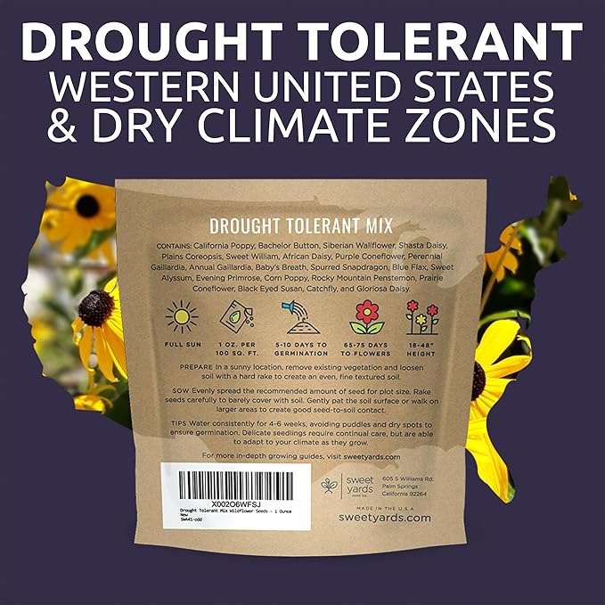 Drought Tolerant Wildflowers Mix – Extra Large Packet – Over 7,500 Open Pollinated Non-GMO Seeds – 21 Different Dryland Species