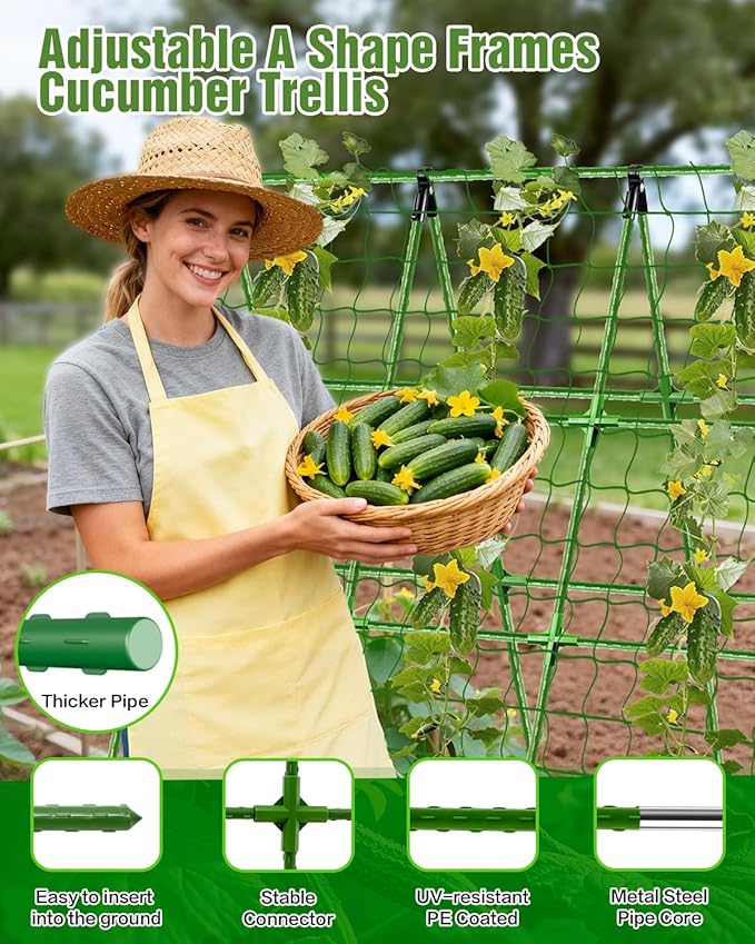 Joyhalo A-Frame Cucumber Trellis for Raised Beds, 47" Hx 57" L Adjustable Size, Garden Trellis for Climbing Plant Outdoors with Climbing Net and Plant Support Clip for Vegetable Vine Pea Bean Tomato