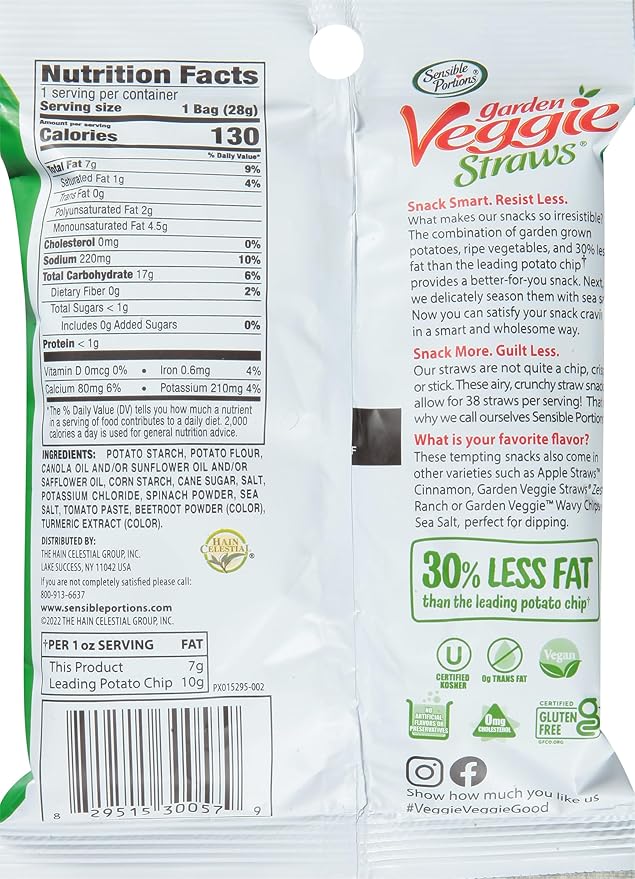 Sensible Portions Veggie Straws - Garden Snacks Variety Pack, Sea Salt, Ranch, Cheddar, Apple Cinnamon, Gluten Free Bulk Snacks, 1 Oz (Pack of 24)