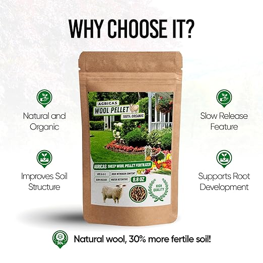 Wool Pellet Organic Fertilizer 8.8 oz, Made of Sheep Wool, Water Holding, Enhances Soil Health, Ideal for Fruits, Vegetables, Flowers, Indoor and Outdoor Plants - 1 Packk