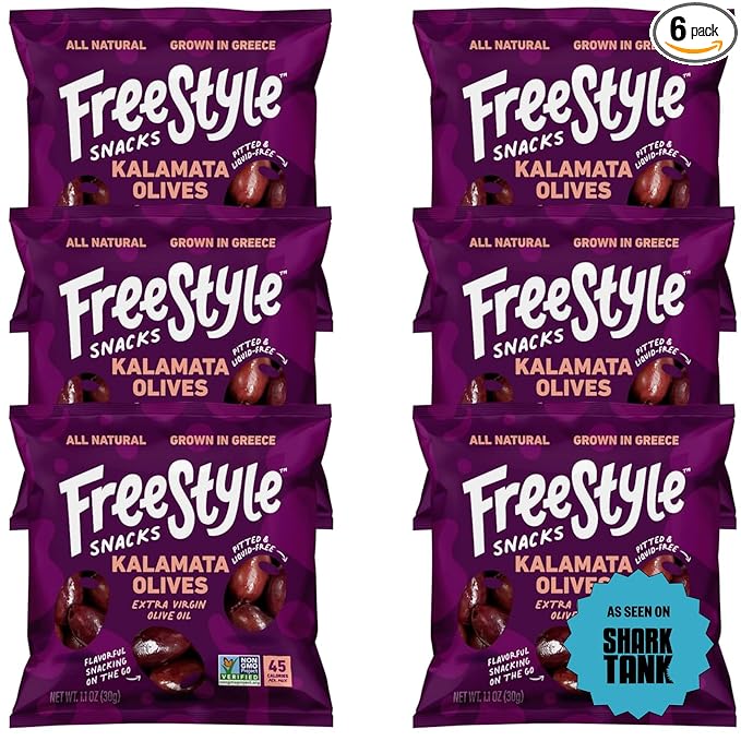 Freestyle Snacks Olive Snack Packs - As Seen on Shark Tank - Single Serve - Fresh Pitted Kalamata Olives, Grown in Greece, All Natural, Non-GMO, Sugar-Free, Salty Snack - Kalamata, 1.1oz (6 Pack)