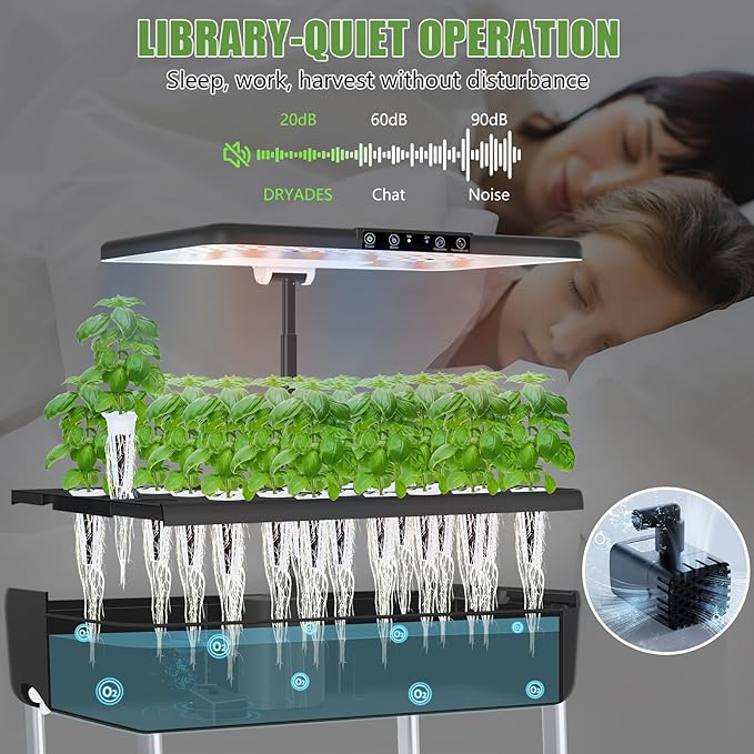 DRYADES 44-Pod Indoor Hydroponic Growing System + 3 Free Seeds Starter Kit (Lettuce, Salad Mixed, Basil Seeds) – Dual 53W Full-Spectrum LED, 10-L Water Tank, 2-Tier Grow Pods (44 Pods)