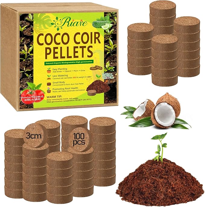 Riare 100 Pcs 30mm Organic Coco Coir Seed Starter Soil, Compressed Coconut Coir Potting Soil Mix for Seed Starting, Coconut Fiber Pellet for Planting Indoor & Outdoor Plants, Vegetables, Garden