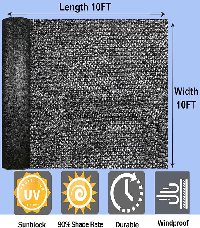 e.share Black Shade Cloth, 90%-95% Sunblock UV Protection, 10 FT X 10 FT, Roll Shade Sun Mesh Net for Garden Plant Cover,Flower,Greenhouse,Vegetable, Chicken Coop,Patio Kennel,Swimming Pool,Car Cover