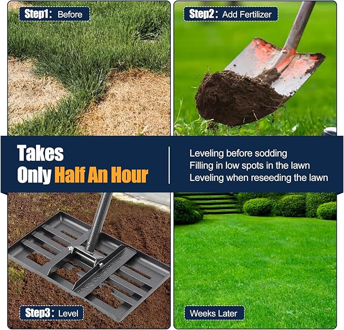 Professional Lawn Leveling Rake with 17x10in Heavy-Duty Stainless Steel Head & 72" Adjustable Handle - Grass Leveling Tool for Quick Soil Grading, Thatch Removal and Yard Maintenance