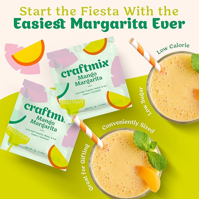 Craftmix Mango Margarita Cocktail & Mocktail Drink Mixer, Skinny Mixes - Water Flavoring Packets - Made With Real Fruit - Vegan, Low-Carb, Low-Sugar, Non-GMO, Dairy Free, Gluten Free, 24 Pack