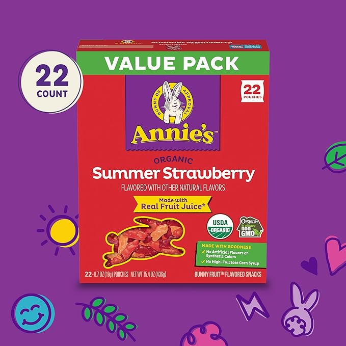 Annie's Organic Bunny Fruit Flavored Snacks, Summer Strawberry, Gluten Free, Value Pack, 22 Pouches, 15.4 oz