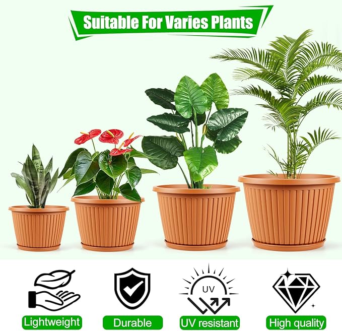 Planter-Pots-for-Plants-Indoor-Outdoor, 4 Pack 10 Inch Plastic Flower Pots with Saucer & Drainage Holes, Modern Garden Planters for Planting Medium Large Plants，Decorative Resin Garden Pots