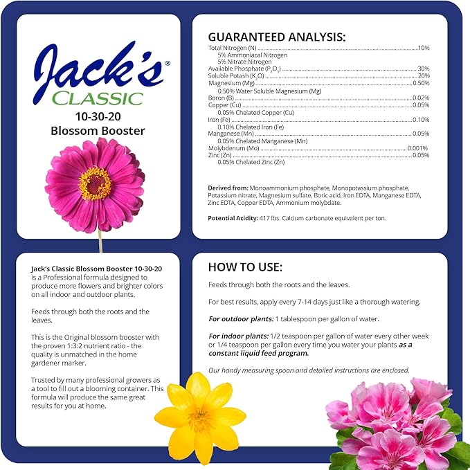 Jack's Classic 10-30-20 Blossom Booster Water-Soluble Fertilizer with Micronutrients for Increasing Color and Quantity of Blooms in Flowering Plants, 4lbs
