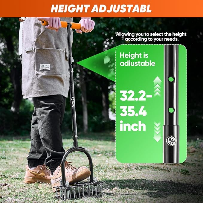 Saker Manual Lawn Aerator Tool, with 15 Iron Spikes Adjustable Height, Double-Layer Spring, Heavy-Duty Iron Lawn Aerator Tool with Gloves for Loosening Soil Aerating Patio, Yard, Garden Orange