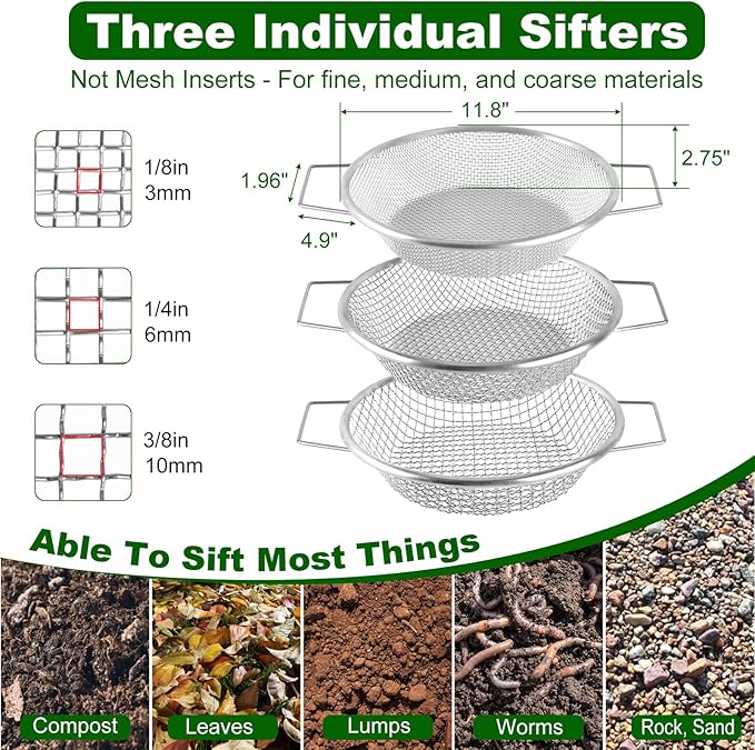 cyrico Soil Sifter for Gardening, 3Pcs Rock Sifter for 5 Gallon Bucket, Heavy Duty Garden Sieve with Handles, 1/4, 1/8, 3/8 Inch Mesh Sifting Screen Pan Tray for Compost, Dirt, Sand, Gravel, Sawdust