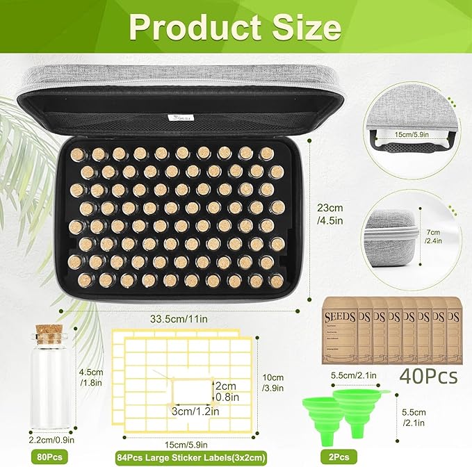SMUJU 80 Slots Seed Storage Organizer with 40 Seed Envelopes, Sturdy Organizer Storage Box with Label Stickers, Glass Container for Flower Vegetable Garden Seed Saving (Seeds not Included)