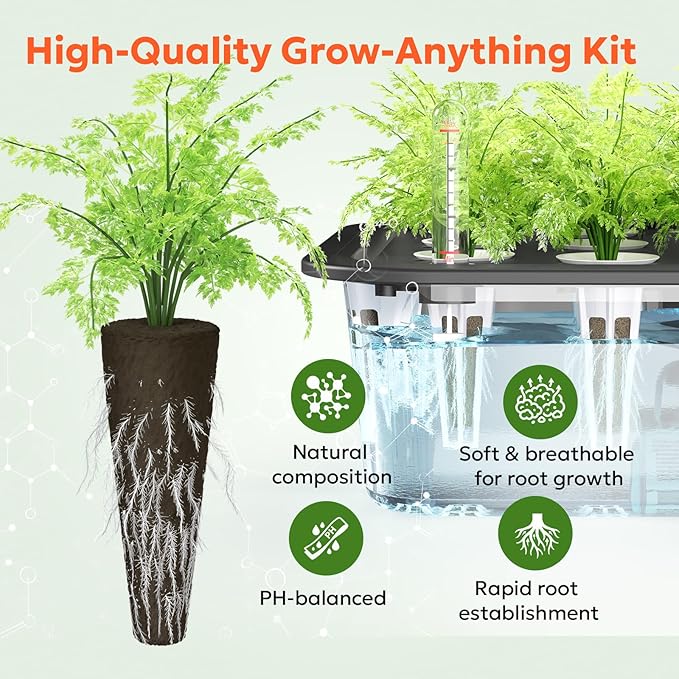 owltron 50 Pcs Hydroponic Seed Pods Kits, Grow Anything Kit Pod for Indoor Herb Garden with 12 Sponges, 2 A&B Nutrient Plant Food, 12 Baskets, 12 Stickers, 12 Germination Domes（Round)