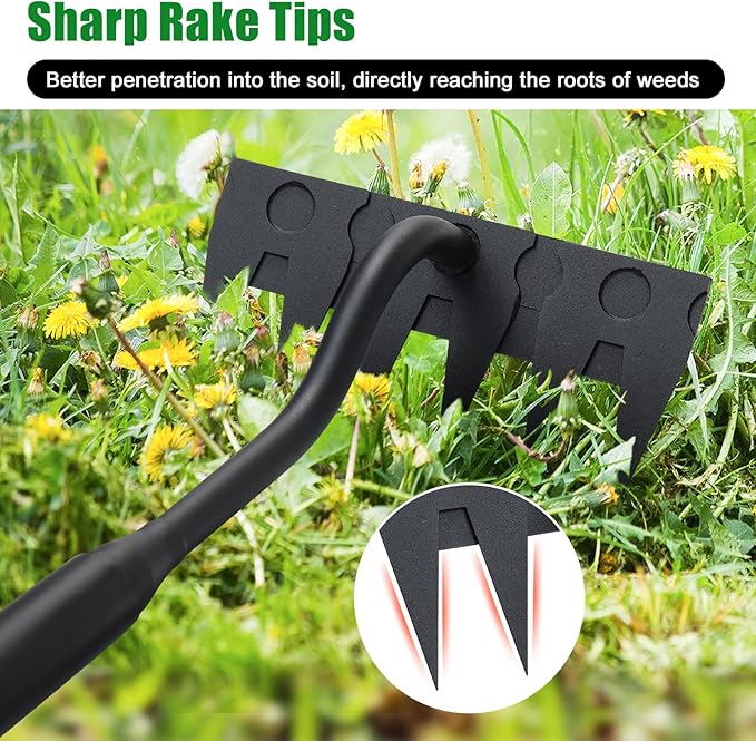 Weeding Garden Rake, 6 Tines Adjustable Weed Remover Tool Heavy Duty with Detachable Long Handle, 56 inch Weed Remover Gardening Hand Tool for Lawn, Yard, atio and Backyard