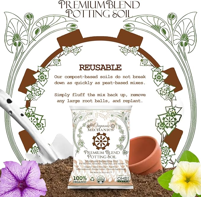 Organic Mechanics Premium Blend Potting Soil, 16 qt - Moisture-Retentive, Peat-Free, Compost - Enriched Mix with Worm Castings & Perlite for Houseplants, Annuals, Veggies & Tropical Plants