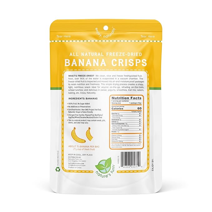 Nature’s Turn Freeze-Dried Banana Crisps – Healthy, Gluten-Free, Crispy & Delicious, Plant-Based Snack, Ideal for Cereal, Smoothies, School Lunches, & On-the-Go, Bags of 6 (0.53 oz Each)