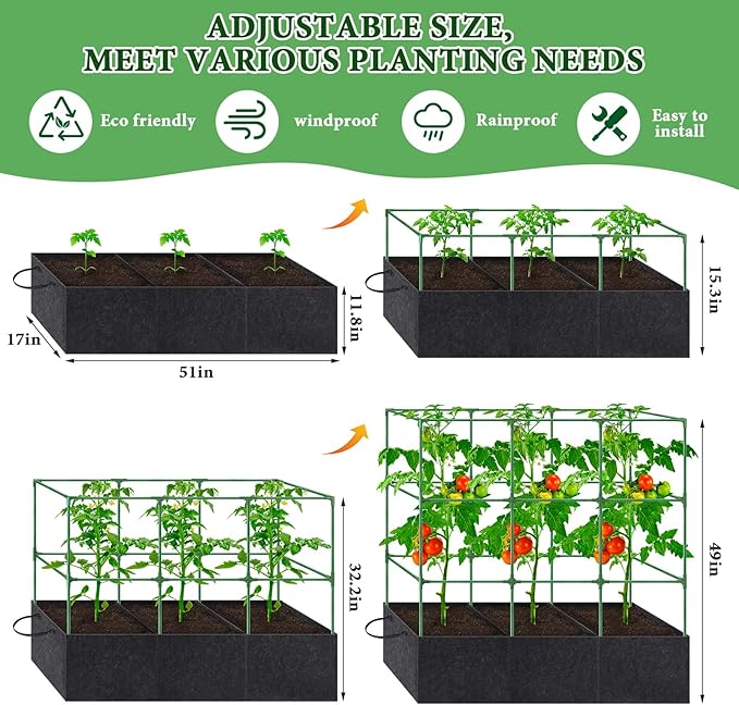 51x17x49 Inch Garden Tomato Cages with 46 Gallon Grow Bags, Square Plant Support Trellis Assembled with Planter Bags, Garden Cucumber Vegetables Frames for Vertical Climbing Plants