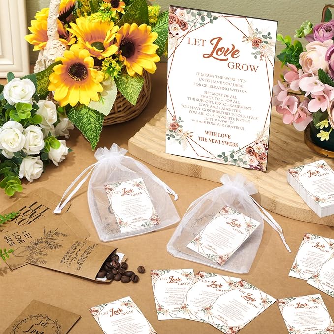 Ireer 101 Set Let Love Grow Boho Wedding Favors for Guests Include 1 Wooden Sign 100 Self Adhesive Seed Packets Kraft Paper Seed Envelopes 100 Let Love Grow Cards 100 Bags for Guest Bridal Shower