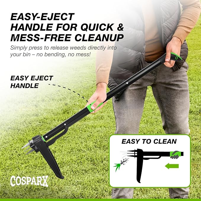 Weed Puller Tool with Long 43” Handle, No Bending, Easy Eject – Removes Weeds Effortlessly, Sturdy Foot Pedal & Lightweight Aluminum - 4-Claw Hand Weeding Tool