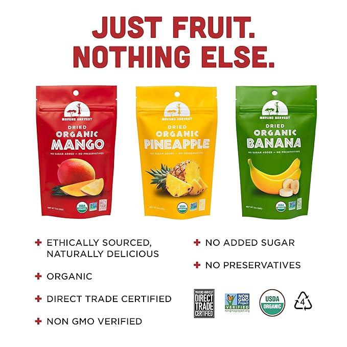 Mavuno Harvest Organic Dried Fruit Variety Pack | Dried Mango, Pineapple, and Banana | Healthy, Vegan, No Sugar Added, Non GMO Snacks for Kids & Adults | 2 Ounce, Pack of 3