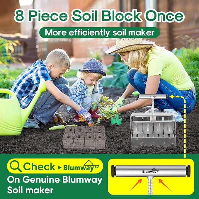 BlumWay Upgraded Soil Blocker, 8 Cell Seed Blocker 2 inch Quad Soil Block Maker Manual with 3 Types of Seed Pins,Hand-held Soil Blocking Tool for Seed Stater Tray Outdoor Plants