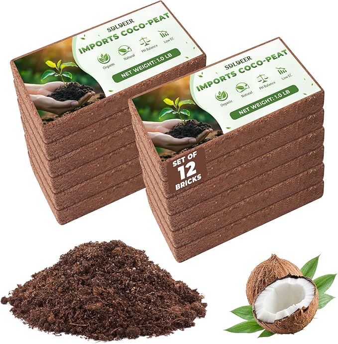 12 PCS Coco Coir Bricks - Compressed Coconut Fiber Substrate for Plants, Gardening, Potting Mix. Low EC & Balanced pH Natural Growth Medium for Seed Starting, Herbs