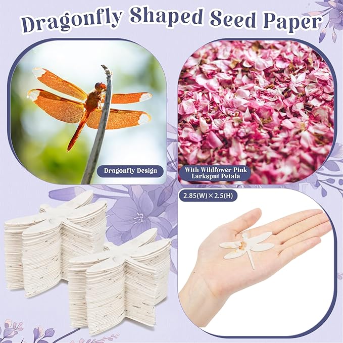 50 Pcs Handmade Seed Paper Plantable Wildflower Seed Paper Recycled Flower Petals Tags Wedding Favors for Guests Craft Gifts Cards for Envelope Birthday Party, 5 Styles (Dragonfly Shape)