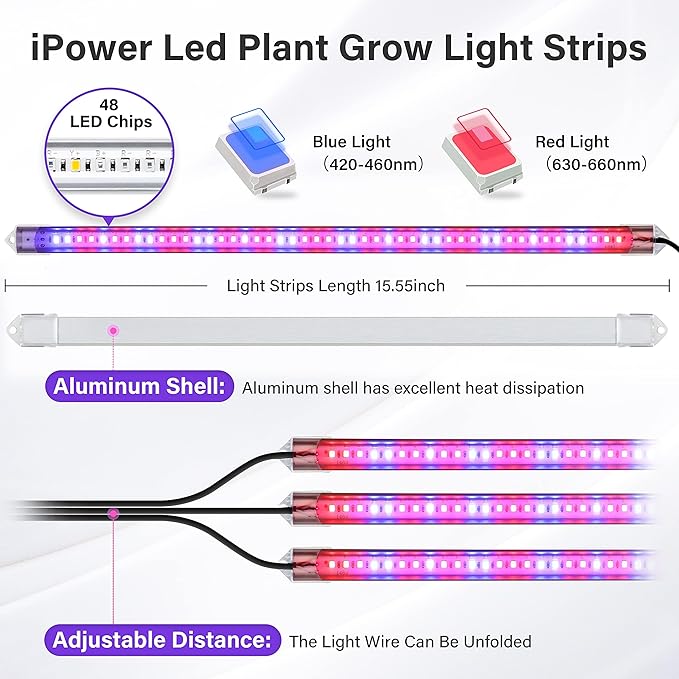 iPower 40W Full Spectrum LED Plant Grow Light Strips for Indoor Plants with Auto ON/Off 3/9/12H Timer, 10 Dimmable Levels 48 LEDs Per Tude, for Hydroponics Succulent, 3 Tubes, Red&Blue