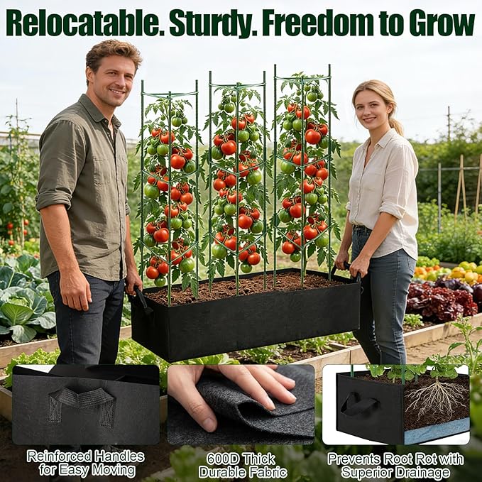3-Pack Tomato Cages with 57 Gallon Raised Garden Bed - 48" Anti Collapse Heavy Duty Plant Support Trellis for Climbing Vegetables Plants Flowers ,Adjustable Vertical Tomato Trellis for Garden Balcony