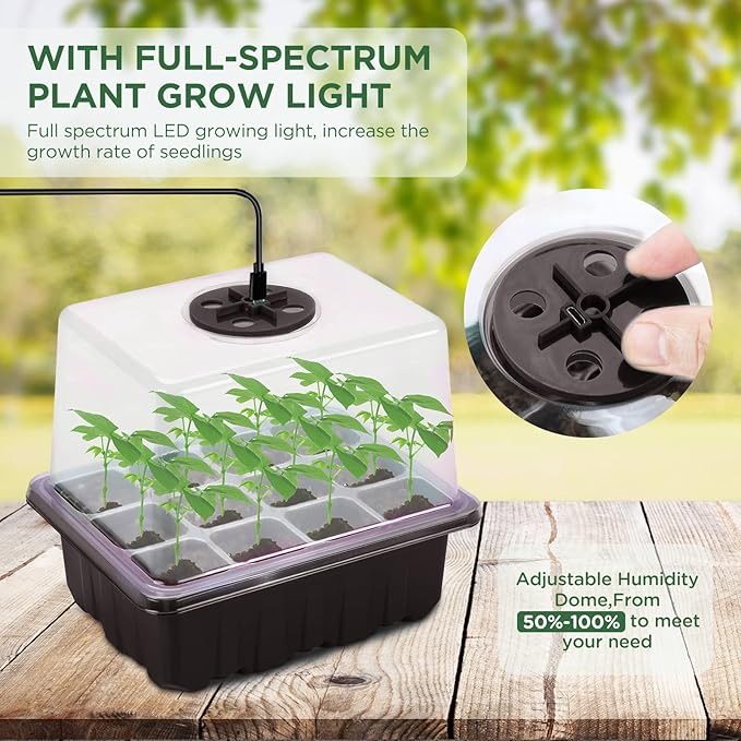 Seedfactor Seed Starter Tray with Light, 6PCS Seed Starter Kit with Grow Light, Seedling Starter Trays with Humidity Domes, Covers Height 3.9", Indoor Gardening Plant Germination Trays