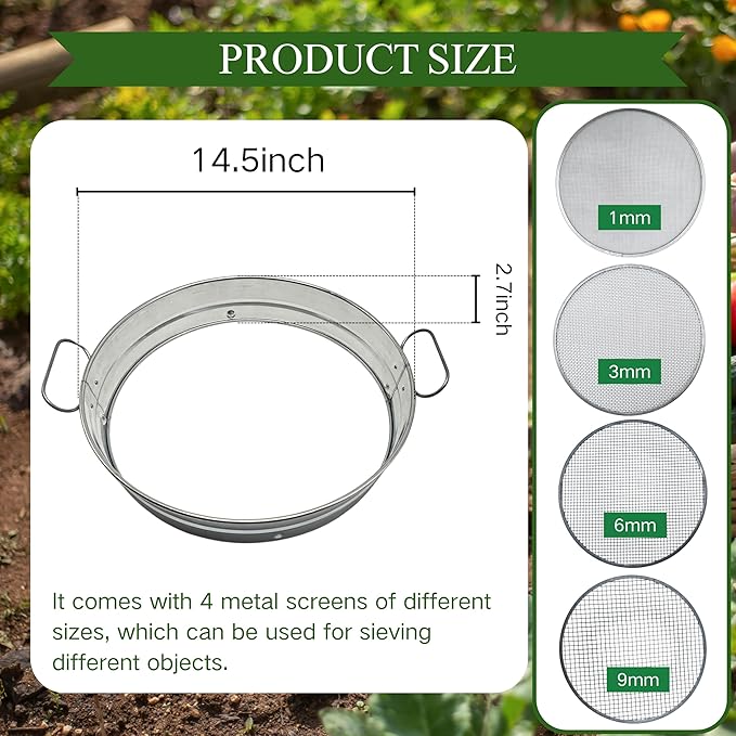 14.5“ Soil Sifter for Gardening with Handles, Large Rock Sifter with 4 Replaceable Screens,Compost Sifter Dirt Sifter, Captures Dirt Rocks Sawdust