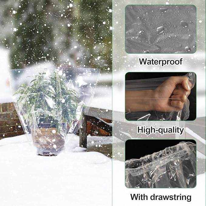 ANPHSIN 6 Pcs Winter Plant Cover Freeze Protection - 24" x 32" Plastic Plant Frost Bags with Drawstring, Transparent Waterproof Plant Shelter Coverings for Outdoors Garden Potted Plants