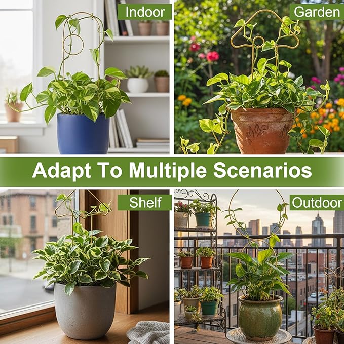4 Pcs Small Plant Trellis Indoor for Climbing Plants, Metal Small Trellis for Potted Plants Vine Ivy Flower Plant Climber Support, 4 Different Gold Iron Patterns