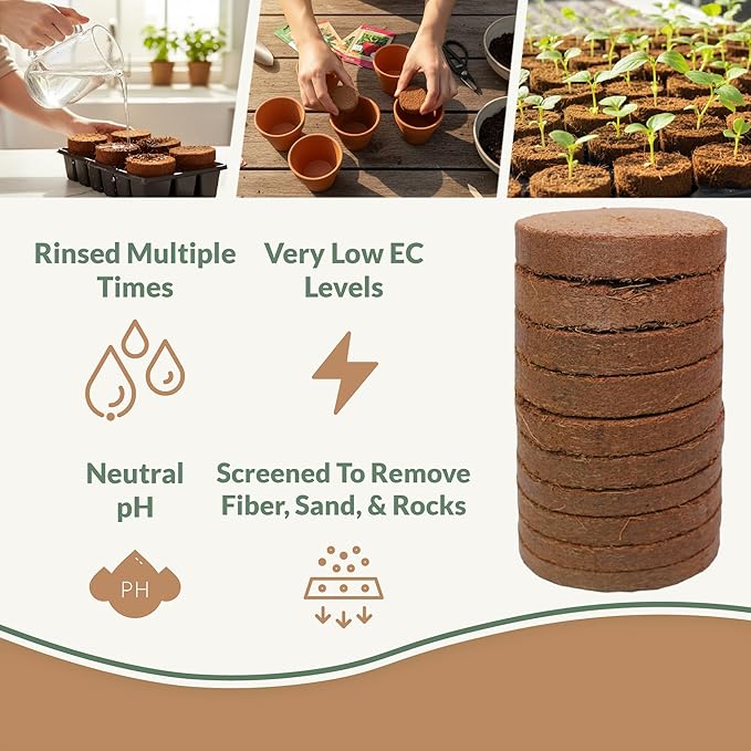 Coco Coir Discs (80mm 50-Pack) - Organic Coconut Coir Seed Starting Discs - Coconut Fiber Seedling Soil for House Plants, Potting Soil, & Indoor Plants - Organic Coco Coir for Plants & Potting Mix